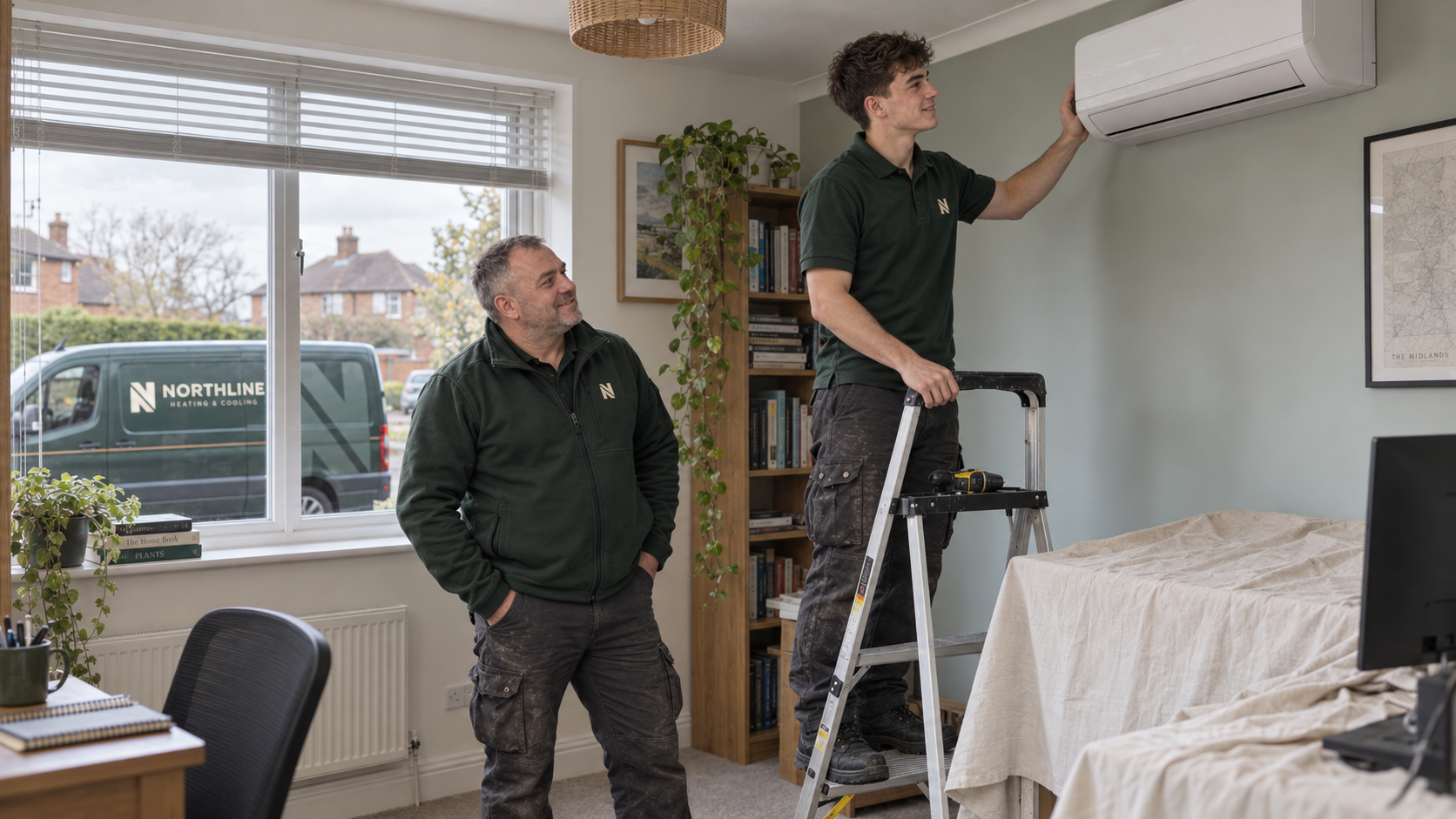 Engineer checking a wall-mounted air conditioning unit