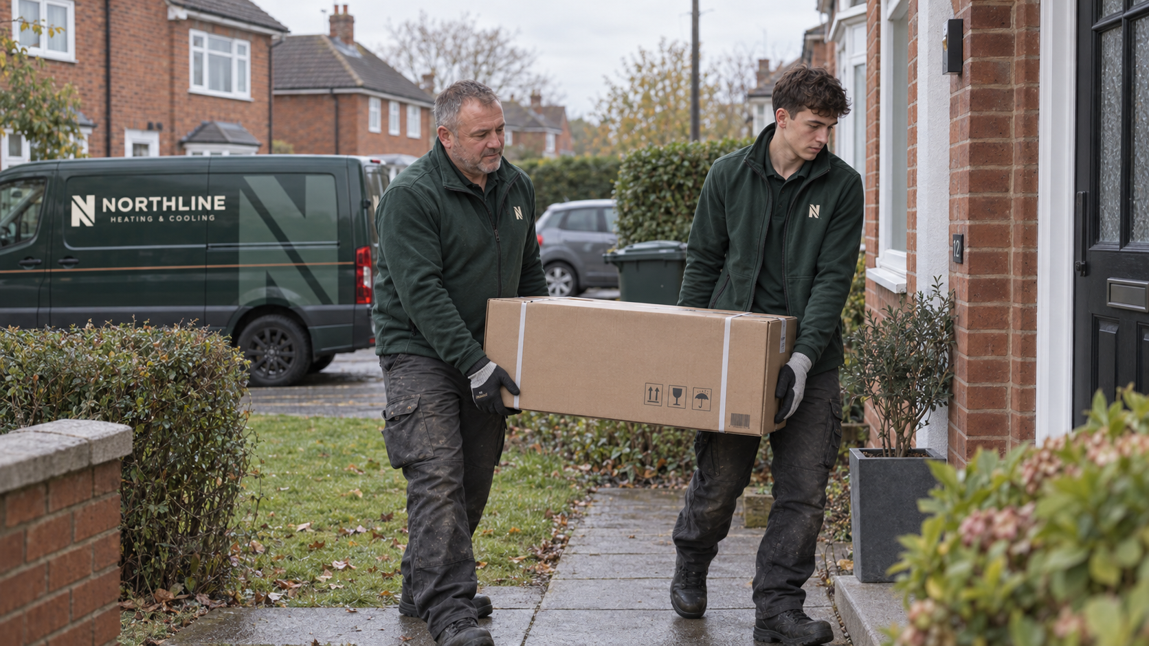Engineers carrying a replacement boiler to a home