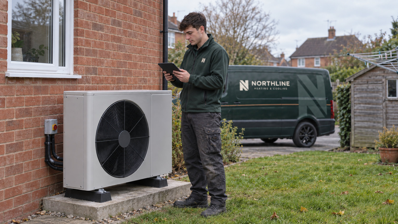 Engineer checking an air source heat pump outside a home