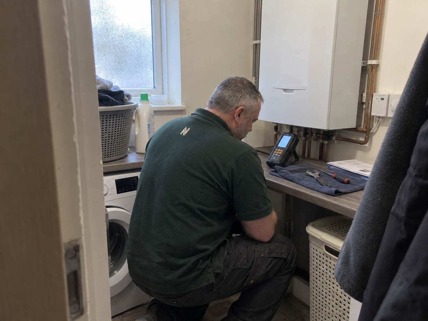 Engineer inspecting a boiler in a utility room