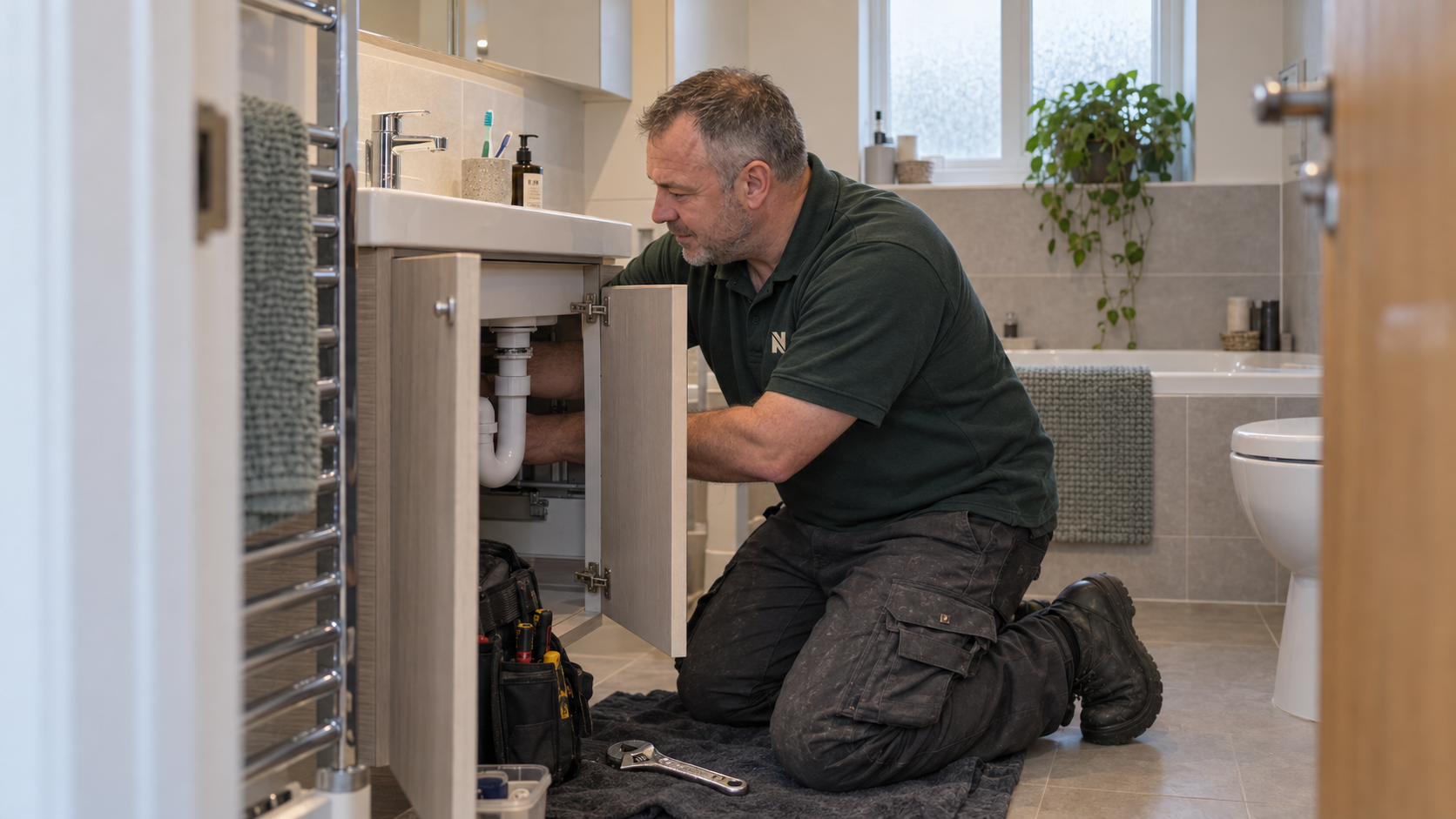 Engineer working beneath a bathroom basin